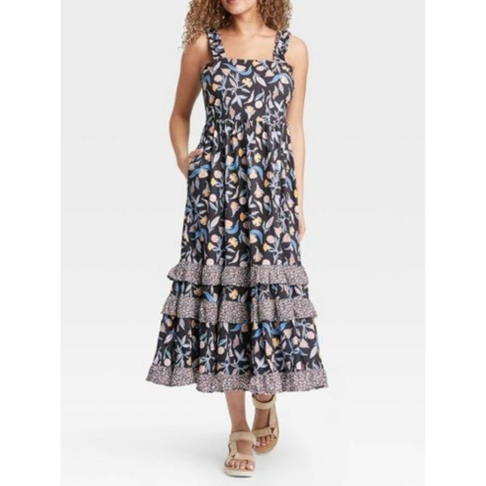 Universal Thread Tiered Floral Maxi Dress S Ruffle Navy Pockets Cotton Blend